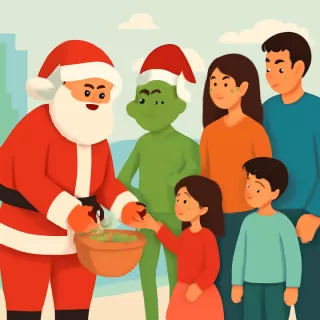 Familia Nauto Barrientos acompaña a Papá Noel y al Grinch a repartir caramelos en la ciudad