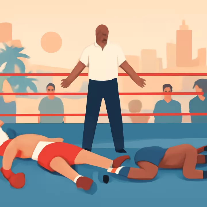 Doble caída durante pelea de boxeo entre Yojanler Martínez y Joeshon James en Fort Lauderdale