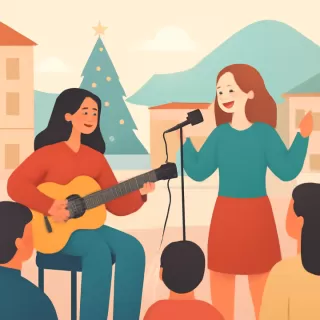 Dos amigas animaron con música la Feria Peatonal de Bariloche en la previa de Navidad