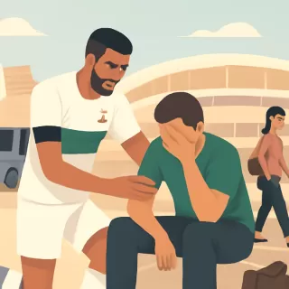 Riyad Mahrez asiste a un aficionado tras el partido de Argelia en la Copa Africana de Naciones