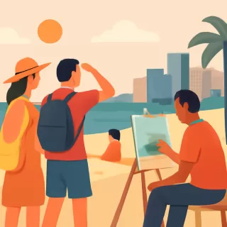 Turistas y artista callejero describen el calor en la playa Las Tapias, Río San Juan, durante el verano 2026