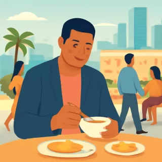 Narración sobre la experiencia urbana en Miami y la comida tradicional caribeña