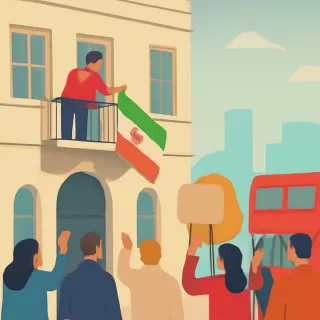 Manifestante sube al balcón de la embajada de Irán en Londres y retira su bandera