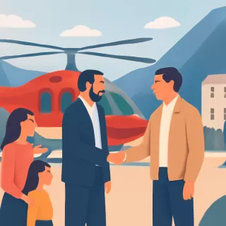 Encuentro entre el fundador del SPLIF y el director Orlando Báez en Bariloche durante la presentación de un helicóptero para incendios