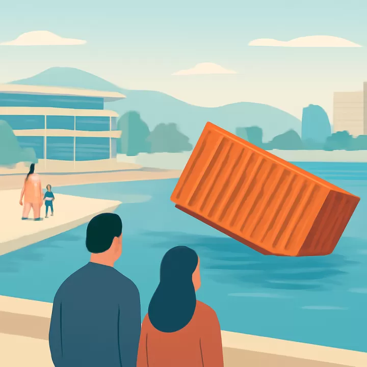 Contenedor vacío cae al mar en Puerto Madryn y queda varado frente al Club Náutico