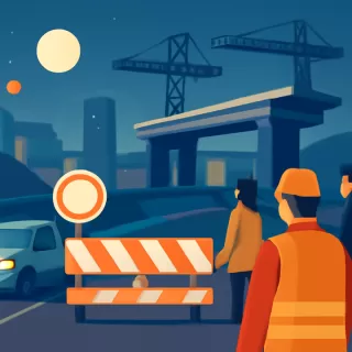 Corte nocturno en autopista Cantilo para montaje de vigas en el Puente Labruna en Núñez