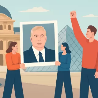 Activistas británicos exhiben imagen del ex príncipe Andrés detenido en el Museo del Louvre