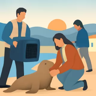 Rescatan y liberan un lobo marino en El Cóndor con apoyo del Ministerio de Ambiente de Río Negro