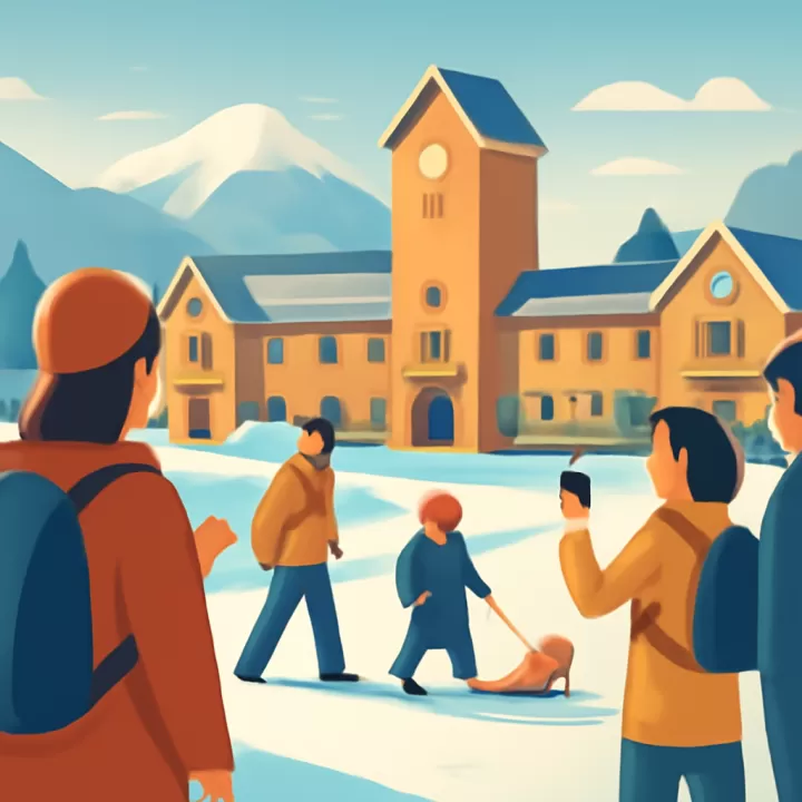Turistas disfrutan la tarde con nieve y paseos en el Centro Cívico de Bariloche